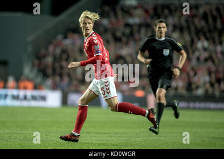 Kopenhagen, Dänemark. Oktober 2017. Kasper Dolberg aus Dänemark bei der WM-Qualifikation zwischen Dänemark und Rumänien in Telia Parken in Kopenhagen gesehen. Quelle: Gonzales Photo/Alamy Live News Stockfoto