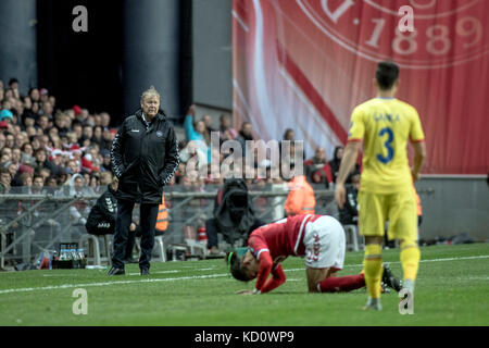 Kopenhagen, Dänemark. Oktober 2017. Manager Åge Hareide aus Dänemark bei der WM-Qualifikation zwischen Dänemark und Rumänien in Telia Parken in Kopenhagen. Quelle: Gonzales Photo/Alamy Live News Stockfoto