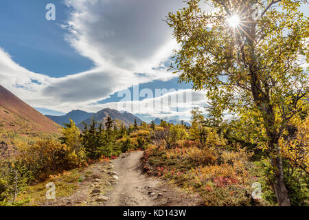 Blick auf die Herbstfarben und Chugach Mountains vom South Fork Eagle River Trail in Südzentralalaska. Nachmittag. Stockfoto