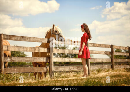 Schöne junge Frau auf dem Bauernhof mit Ihrem Pferd. Stockfoto