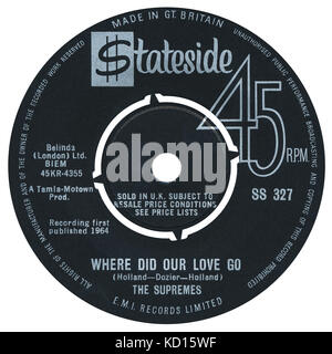 45 U/min 7" das britische Label von Wo haben unsere Liebe geht durch den Supremes auf dem Stateside Label aus dem Jahre 1964. Mina auf diesen Datensatz (vor dem Tamla Motown Label wurde im Vereinigten Königreich) waren, Diana Ross, Mary Wilson und Florence Ballard. Stockfoto