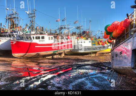 Fischerboote bei Ebbe, Bucht von Fundy, Alma, New Brunswick, Kanada Stockfoto