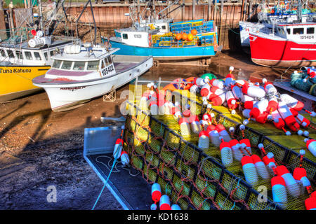 Fischerboote bei Ebbe, Bucht von Fundy, Alma, New Brunswick, Kanada Stockfoto