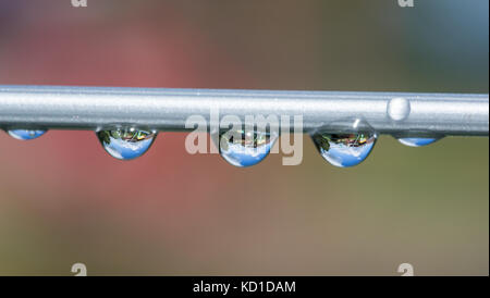 Haus und Himmel Regentropfen auf Wäscheleine wider Stockfoto