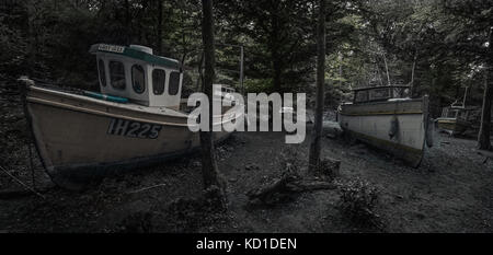 Eine Flotte von abgebrochenen Fischerboote im Leigh Woods nr Bristol. Eine Ausstellung namens "zurückgezogen" vom Künstler Luke Jerram. Stockfoto