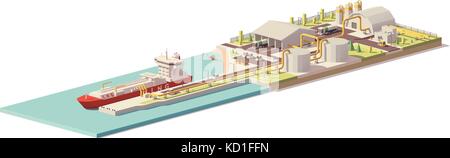Vektor Low Poly LNG-Terminal und lng carrier Schiff Stock Vektor