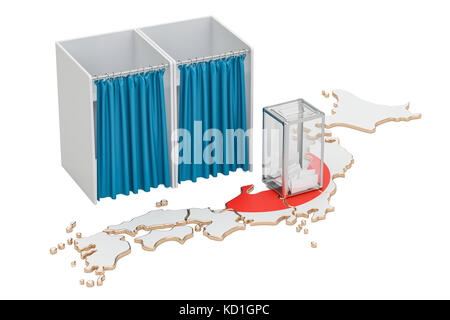 Japanische Wahl Konzept, Wahlurnen und Wahlkabinen auf der Karte von Japan, 3D-Rendering Stockfoto