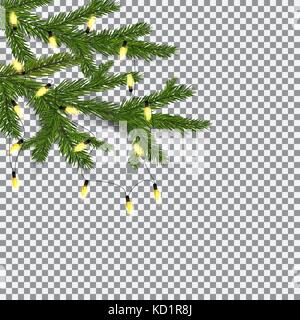 Symbol für das neue Jahr und Weihnachten. Zwei grünen üppigen Zweige vor dem Hintergrund der Kontrolleure Fichte mit Girlanden geschmückt. Abbildung Stock Vektor