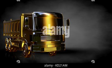 3D-Rendering von einem goldenen Lkw auf einem dunklen Hintergrund Stockfoto