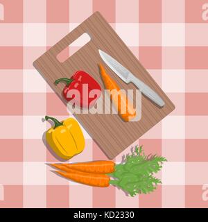 Vector Illustration von Gemüse Hacken auf einem Schneidebrett auf weißem Hintergrund. Küche und essen Vorbereitung Thema. Stock Vektor