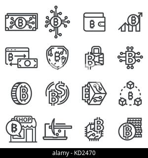 Vektorlinie bitcoin cryptocurrency Symbole Symbole gesetzt. Stock Vektor
