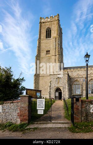 Kirche Turm für Besucher geöffnet, die hl. Jungfrau Maria, happisburgh, Norfolk, Großbritannien. Eines der besten Ausblicke auf die Ostküste und die Nordsee. Stockfoto