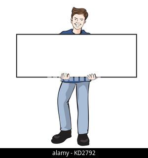 Mann hält Blank Board, hält ein Plakat. Der Mann hält ein weißes Plakat auf weißem Hintergrund. Vector Illustration Stock Vektor