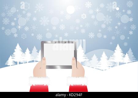 Blick auf die Hände von Santa Claus, die Tablette mit leeren Bildschirm bereit für ihren Text. Winter verschneite Landschaft im Hintergrund. Stock Vektor