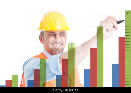 Freundliche Architekt Schreiben auf dem Bildschirm mit Diagrammen, Bau Gewinn dar Stockfoto