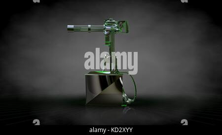 3D-Rendering einer reflektierenden schießen Pistole mit grün umrandeten Zeilen als Blaupause auf dunklem Hintergrund Stockfoto