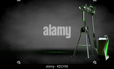 3D-Rendering einer reflektierenden schießen Pistole mit grün umrandeten Zeilen als Blaupause auf dunklem Hintergrund Stockfoto
