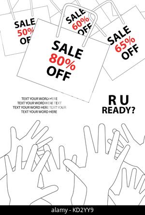 Plakat Design für Verkauf Veranstaltung in einfachem Stil mit Platz für Sms dein Wort. Hintergrund die Vorlage für Ihre Verkaufsförderung. Shopping Taschen sind droppin Stock Vektor
