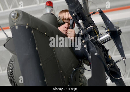 Us-Armee Private 1st Class Clayton Moore, ein Black Hawk Reparatur Crew Chief mit dem Südcarolina Army National Guard vorbeugende Wartung führt auf den Heckrotor eines UH-60A+ Black Hawk, Oktober 5, 2015, in McEntire Joint National Guard. Das South Carolina National Guard wurde aktiviert und County Emergency Management Agenturen und lokalen Ersthelfer als historische Hochwasser zu unterstützen Auswirkungen Grafschaften national. Derzeit werden mehr als 1.100 Südcarolina Mitglieder des nationalen Schutzes haben in Reaktion auf die Überschwemmungen aktiviert wurde. (U.S. Air National Guard Foto von Tech. Sgt. Caycee Stockfoto