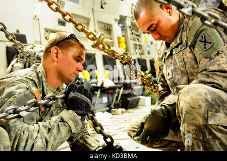 Pfc. Nikolas pagoria und Sgt. Rudy Uribe sicher eine m1a1 sa Abram mit schweren Ketten an Bord einer C-17 vor dem Flug. Der South Carolina Army National Guard 1-118 th kombinierte Waffen Bataillon (Cab) in schweren Luftbrücke Operationen beteiligt, April 10-11, 2014 at Wright Army Airfield (waaf), hinesville Ga., die Gemeinsame, insgesamt Kraft zu demonstrieren, Fähigkeiten des s.c. army Guard und 315. Der US Air Force reserve airlift Wing. Soldaten und Piloten unisono arbeitete über zwei Tage zu laden und vier neue Die 1-118 th-Cab sa m1a1 Abrams Kampfpanzer auf vier US Air Force sichere c-17 transpor Stockfoto