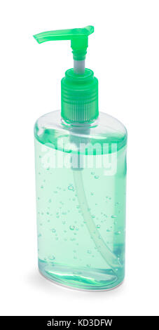 Grüne Flasche Händedesinfektionsmittel isoliert auf weißem Hintergrund. Stockfoto