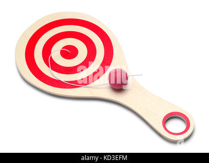 Holz paddle Ball Spielzeug auf einem weißen Hintergrund. Stockfoto