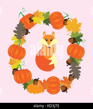 Vector Illustration von Fallen Rahmen mit Herbst Elemente und niedlichen Fuchs. Stock Vektor