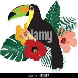 Vector Illustration eines tropischen toucan Vögel mit tropischen Blumen Stock Vektor