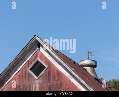 Ein vintage Wetterfahne mit einer Kuh und Pfeil aus Metall auf einem rustikalen verwitterten Red Barn Dach schließen. Bild kopieren. Stockfoto