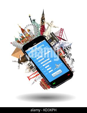 Smartphone Online Flugbuchung Welt Wahrzeichen Stock Vektor