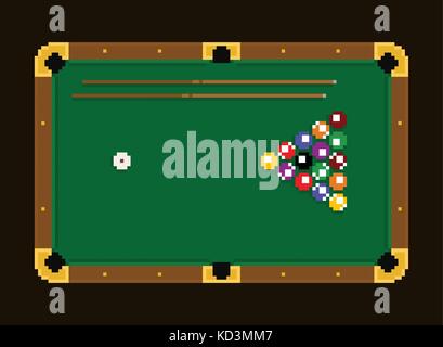 Pixel-art grün Billardtisch mit bunten Kugeln auf einem weißen Hintergrund Stock Vektor