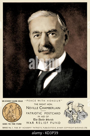 Neville Chamberlain, Porträt auf Postkarte. Patriotische Postkarte zur Unterstützung des Daily Sketch war Relief Fund. „Auf jeder verkauften Karte geht ein Penny an den Fonds“. NC: Britischer Premierminister und konservativer Politiker, 18. März 1869 – 9. November 1940. Stockfoto