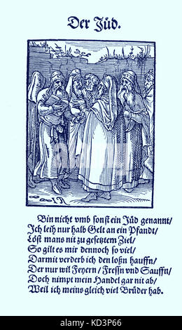 Jüdischer Geldverleiher (Titel lautet "der Jude" - der Jud), aus dem Standebuch, (Panoplia omnium illiberalium mechanicarum..., Buch der Gewerke) Sammlung von Holzschnitten von Jost Amman (13. Juni 1539 bis 17. März 1591), mit begleitendem Reim von Hans Sachs (5. November 1494 - 19. Januar 1576) Stockfoto