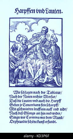 Harfe- und Lautenspieler (Harfen und laufen), aus dem Buch der Gewerke / das Standebuch (Panoplia omnium illiberalium mechanicarum...), Holzschnitzensammlung von Jost Amman (13. Juni 1539 bis 17. März 1591), 1568 mit begleitendem Reim von Hans Sachs (5. November 1494 - 19. Januar 1576) Stockfoto