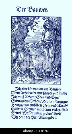 Bauer (der Bauer), aus dem Buch der Gewerke / das Standebuch (Panoplia omnium illiberalium mechanicarum...), Sammlung von Holzschnitten von Jost Amman (13. Juni 1539 bis 17. März 1591), 1568 mit begleitendem Reim von Hans Sachs (5. November 1494 - 19. Januar 1576) Stockfoto