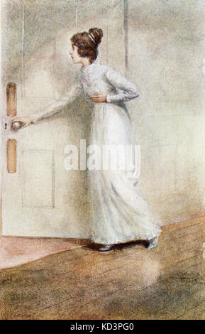 Catherine betritt die Räume der verstorbenen Frau Tilney in der Northanger Abbey. Bildunterschrift lautet: "Auf der Spitze, die sie eingegeben hat." Northanger Abbey von Jane Austen, Illustration von Alfred Wallis Mills, 1917 Stockfoto