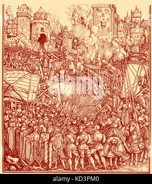 Belagerung der Stadt durch die Truppen von Maximilian I, Heiliger römischer Kaiser (22 März 1459 – 12 Januar 1519). Holzschnitt von Albrecht Dürer Stockfoto