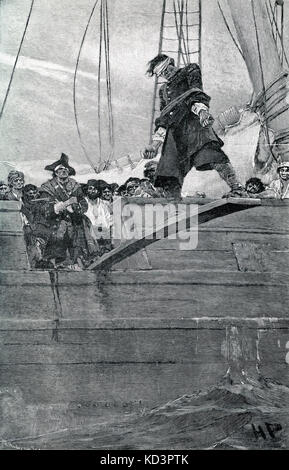 Ein Seemann, der gezwungen war, die Planke auf einem Piratenschiff zu laufen, Illustration von Howard Pyle Stockfoto