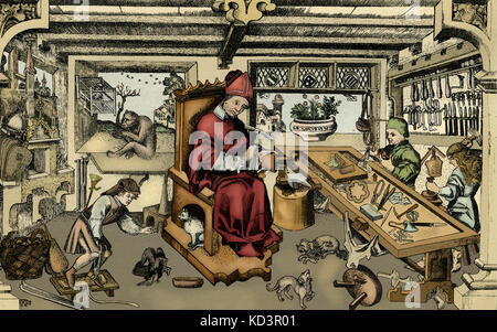 Goldschmiedewerkstatt, 15. Jahrhundert, Kupfer-Gravur Stockfoto