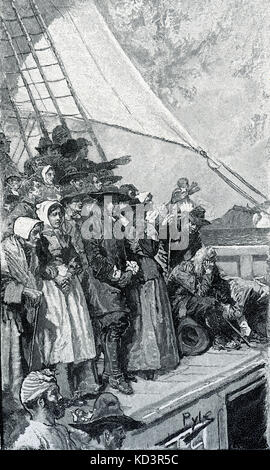 William Penn auf seiner ersten Reise nach Amerika, 1682, segelte im Schiff "Welcome". Gründer von Pennsylvania. Illustration von Howard Pyle, 1883 Stockfoto