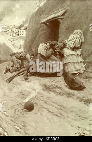 Belagerung von Vicksburg, Kampagne Vicksburg, um das Jahr 1863. Amerikanischer Bürgerkrieg. Nicht-kombattierende Bürger von Vicksburg, die in in den Hang gegrabenen Höhlen schützten, entkommen knapp dem Muschelbrand. Illustration von Howard Pyle, im Jahr 1909 Stockfoto