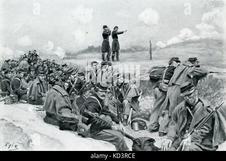 Bundeswehrsoldaten warten auf den Befehl zur Anklage, amerikanischer Bürgerkrieg 1861 - 1865. Illustration von Howard Pyle, im Jahr 1909 Stockfoto