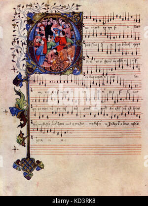 Illuminierte Handschrift aus dem Mittelalter-C. 1450. O Potores. Trinken Song - Cantus teil. Stockfoto