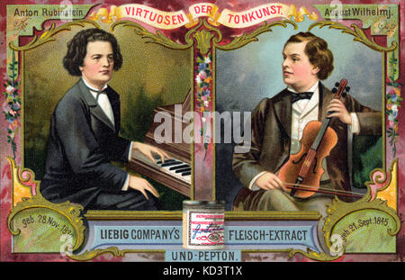 August (Emil Daniel Ferdinand Viktor) Wilhelmj - Portrait der deutsche Geigerin mit Violine, 21. September 1845 - 22. Januar 1908. Anton Rubinstein wird ebenfalls angezeigt. Liebig Anzeige virtuose Karten. Stockfoto