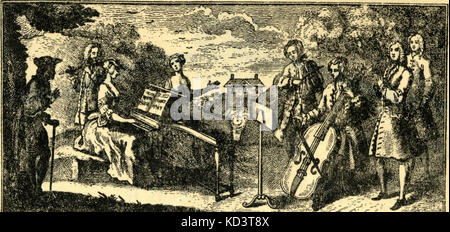 Barocke Kammermusik in einem Land mit Geige, Flöte, Clavichord, Sänger und Cello musik machen in ländlicher Umgebung. Zuschauer auch dargestellt. 18. Stockfoto