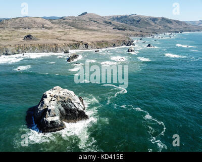 Der Pazifische Ozean wäscht gegen die felsige Küstenlinie in Sonoma, Kalifornien. Die berühmten Highway 1 entlang dieser wunderschönen und zerklüfteten Küstenlinie. Stockfoto