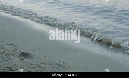 Sanfte Wellen des Meeres am Sandstrand. Nahaufnahme der schäumenden Meereswellen, die am Strand an Land schwimmen Stockfoto