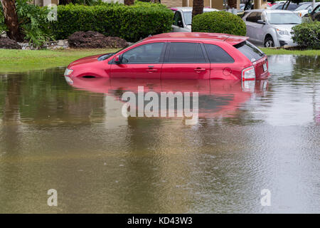 Autos unter Wasser vom Hurrikan Harvey in Houston, Texas, USA. Schwere Regenfälle vom Hurrikan verursachten verheerenden Überschwemmungen in der Stadt und den Vororten Stockfoto