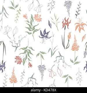 Nahtlose patterm auf Farbe, Hand bemalt Tinte Blätter, Blüten und Kräuter mit Magnolia und Iris. Stock Vektor