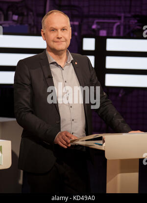 Das schwedische Wahljahr 2018 begann mit einer Parteiführungsdebatte im schwedischen Fernsehen über den Linksparteiführer Jonas Sjöstedt Stockfoto